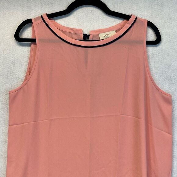 LOFT Blouse Size Large Pink Black Trim Tie Neck Sleeveless Top Crew Neck Pretty - Picture 2 of 11
